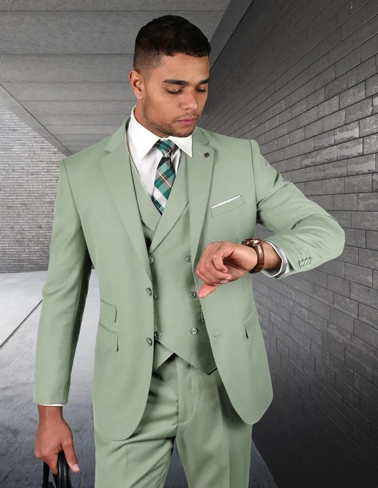 APPLE GREEN SOLID COLOR SUIT. 3PC MODERN FIT FLAT FRONT PANTS WITH DOUBLE BREASTED VEST. SUPER 180'S ITALIAN WOOL | ZARGALA-Apple Green
