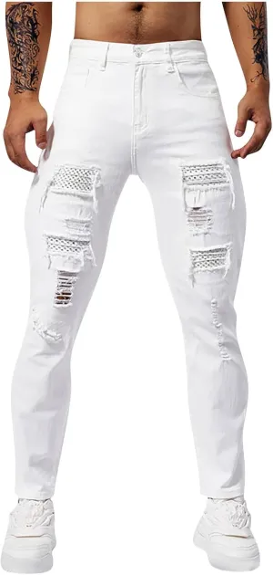 Jeans for Men Vintage Classic Ripped High Waisted Y2k Pants Slim Fit Stretch Tapered Denim Trousers Pants Street Wear