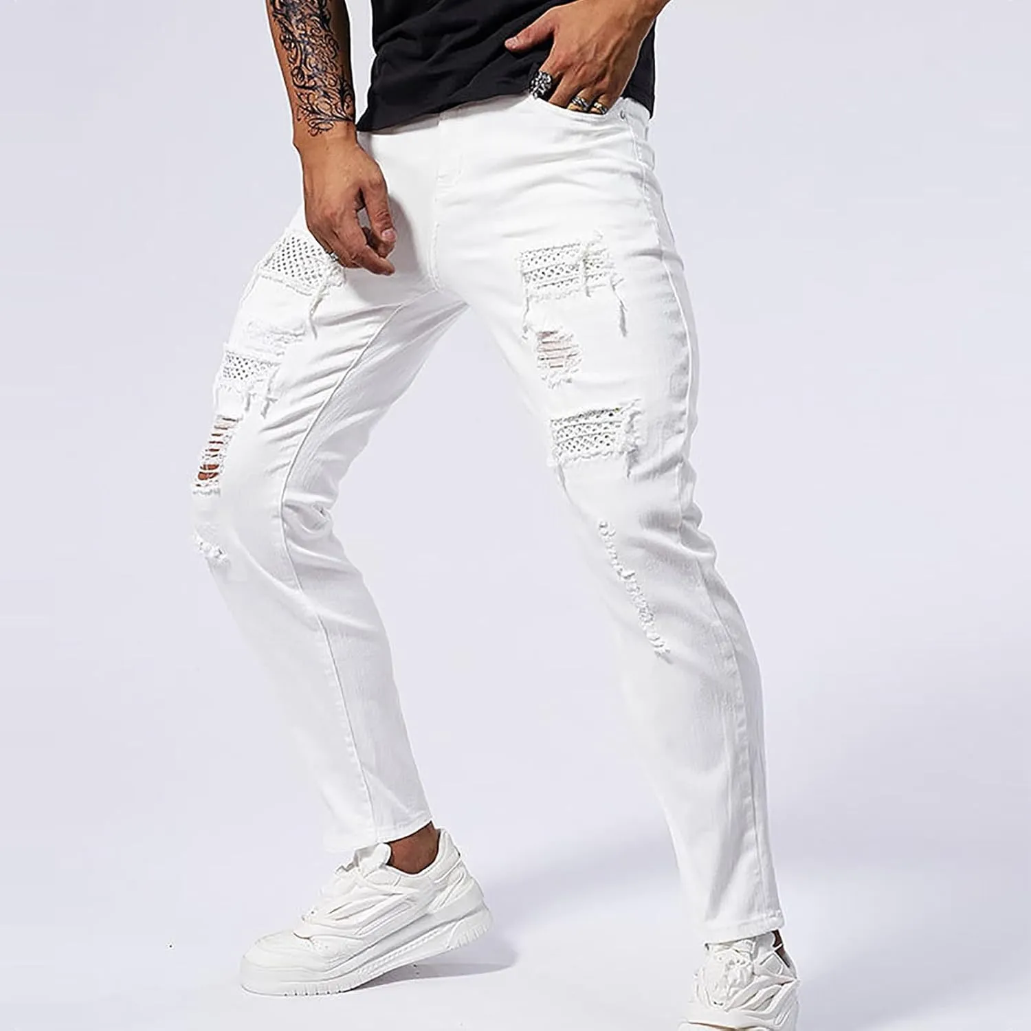 Jeans for Men Vintage Classic Ripped High Waisted Y2k Pants Slim Fit Stretch Tapered Denim Trousers Pants Street Wear