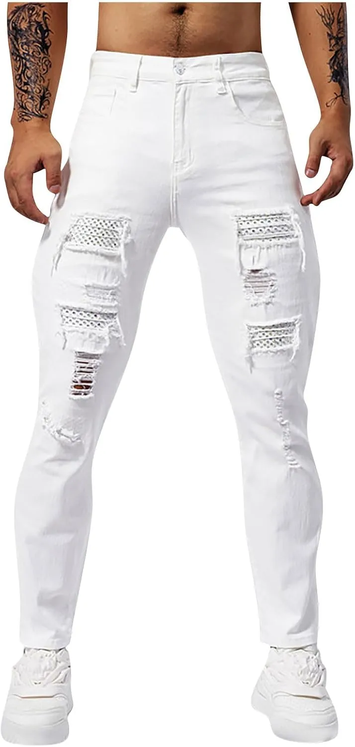 Jeans for Men Vintage Classic Ripped High Waisted Y2k Pants Slim Fit Stretch Tapered Denim Trousers Pants Street Wear