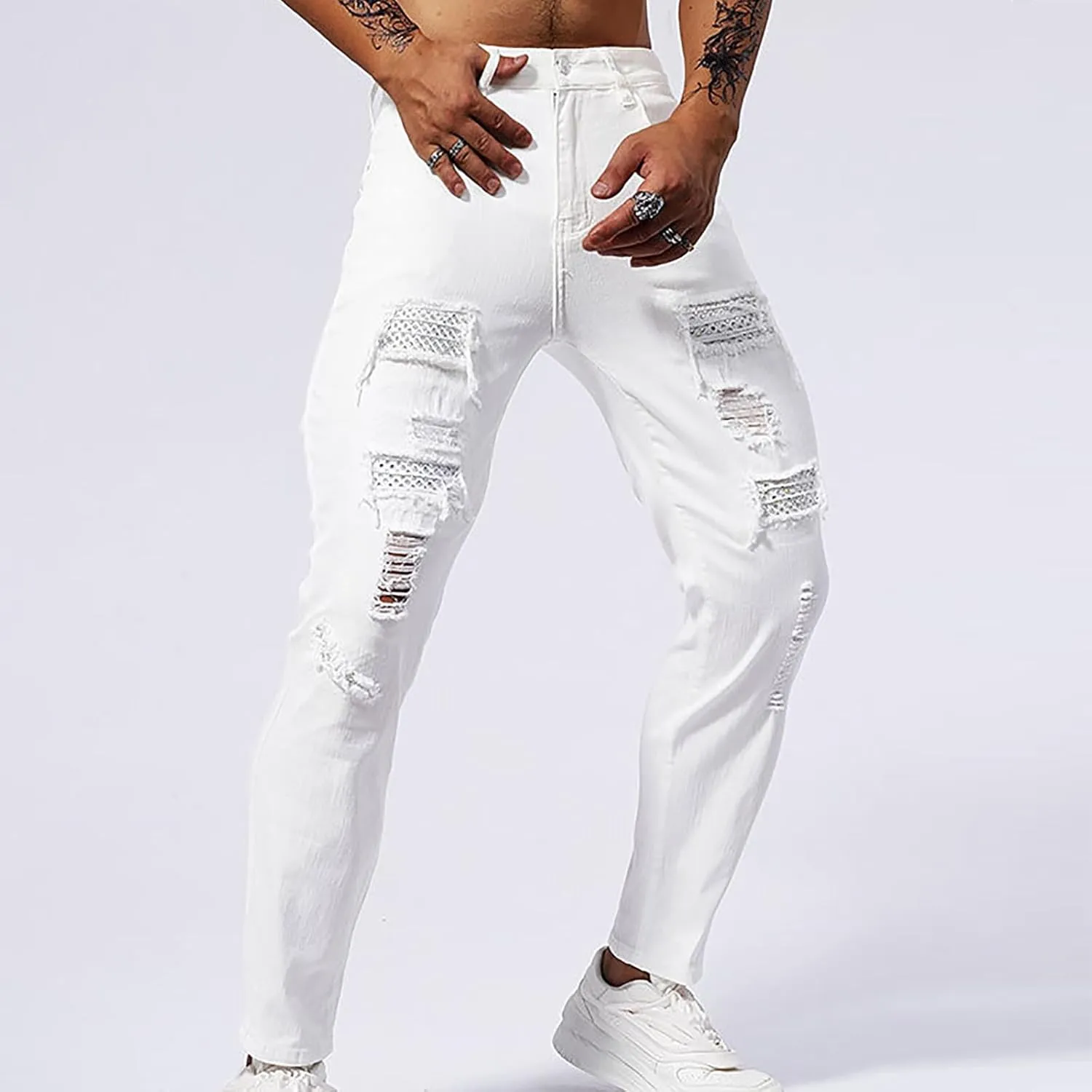 Jeans for Men Vintage Classic Ripped High Waisted Y2k Pants Slim Fit Stretch Tapered Denim Trousers Pants Street Wear