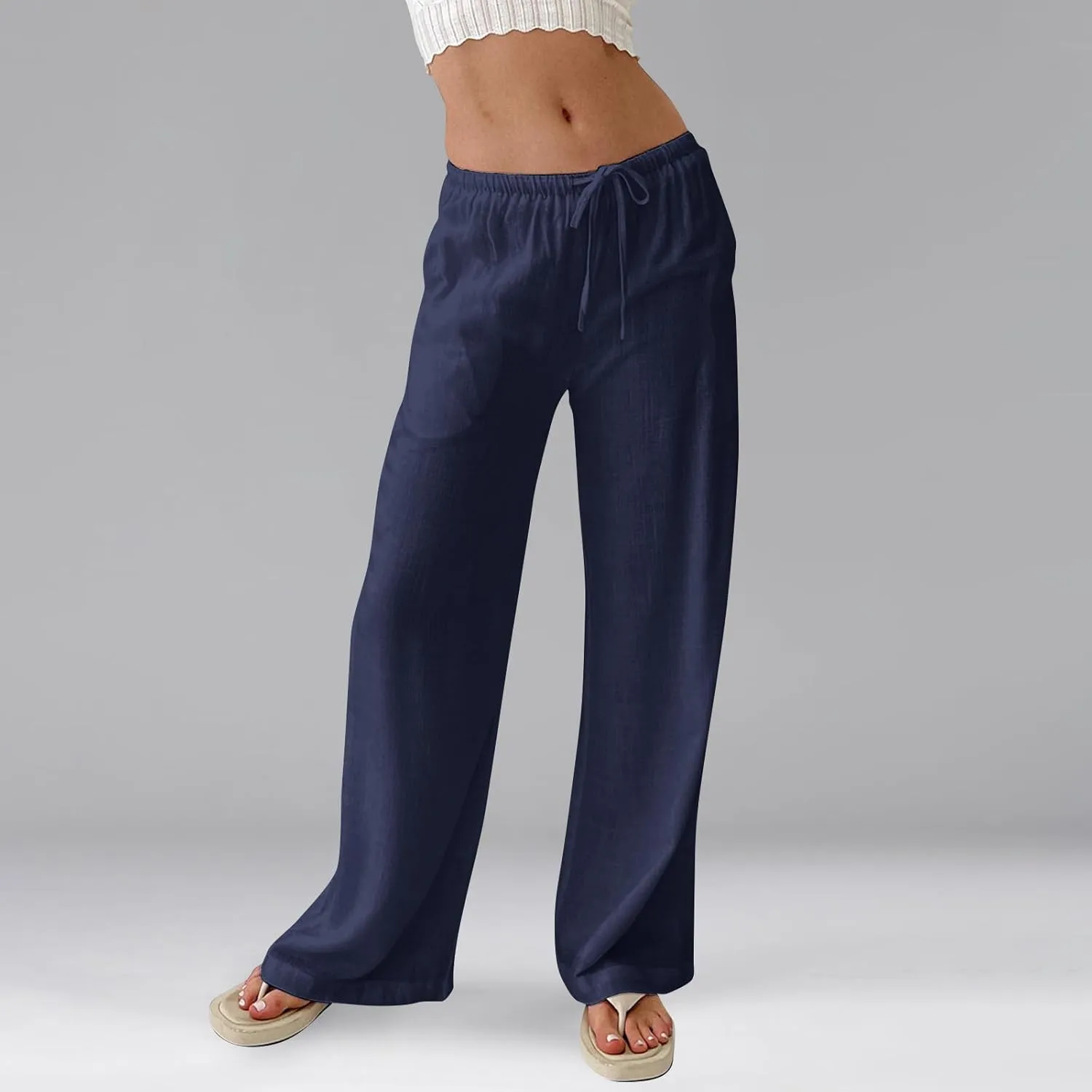 Ladies Linen Pants Summer Drawstring High Waist Wide Pants Palazzo Pant Casual Tummy Control Trousers with Pockets