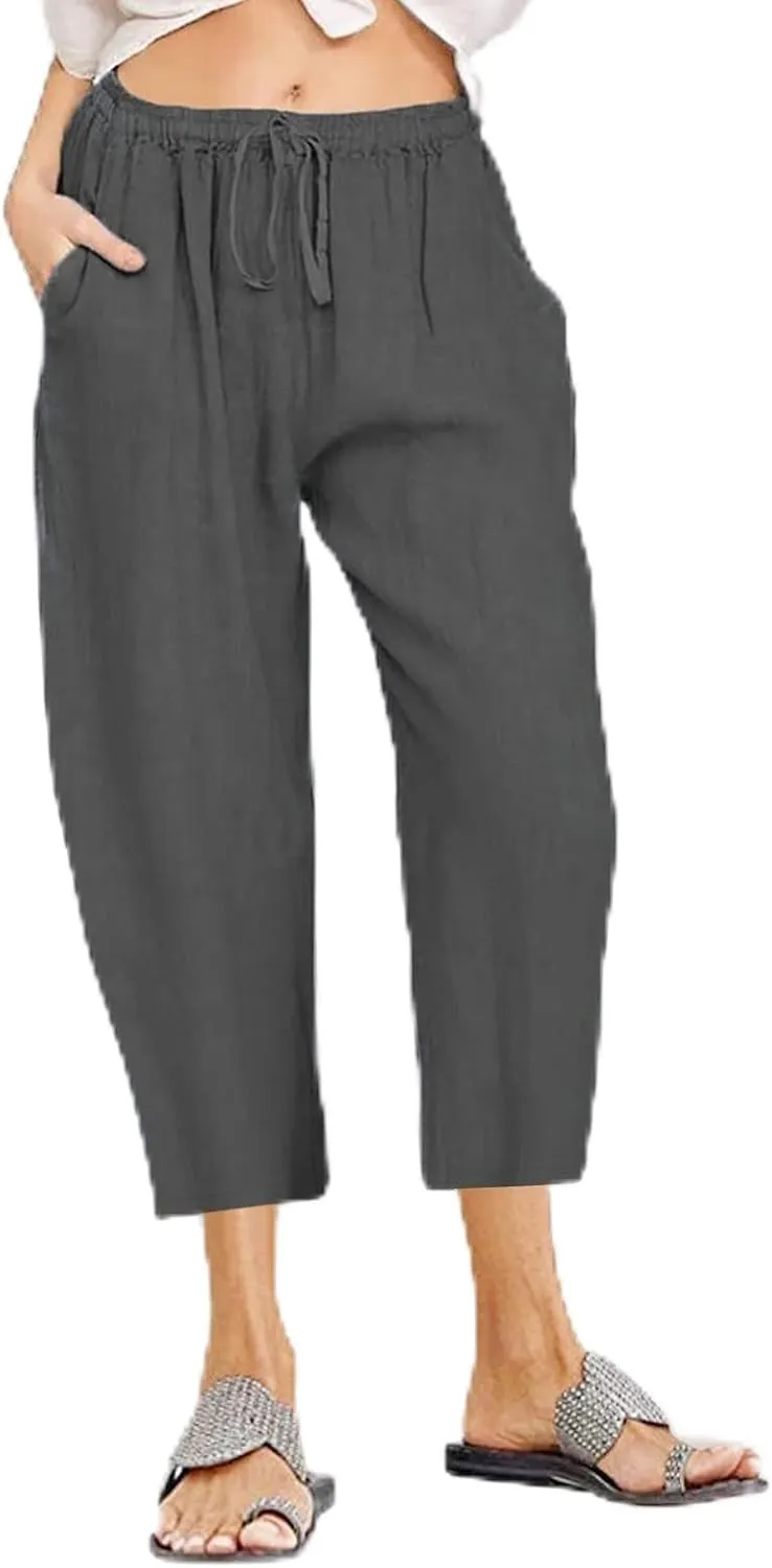 Linen Capri Pants for Women Casual 2024 Plus Size Summer Elastic Waist Crop Tapered Pants Elastic Beach Trousers