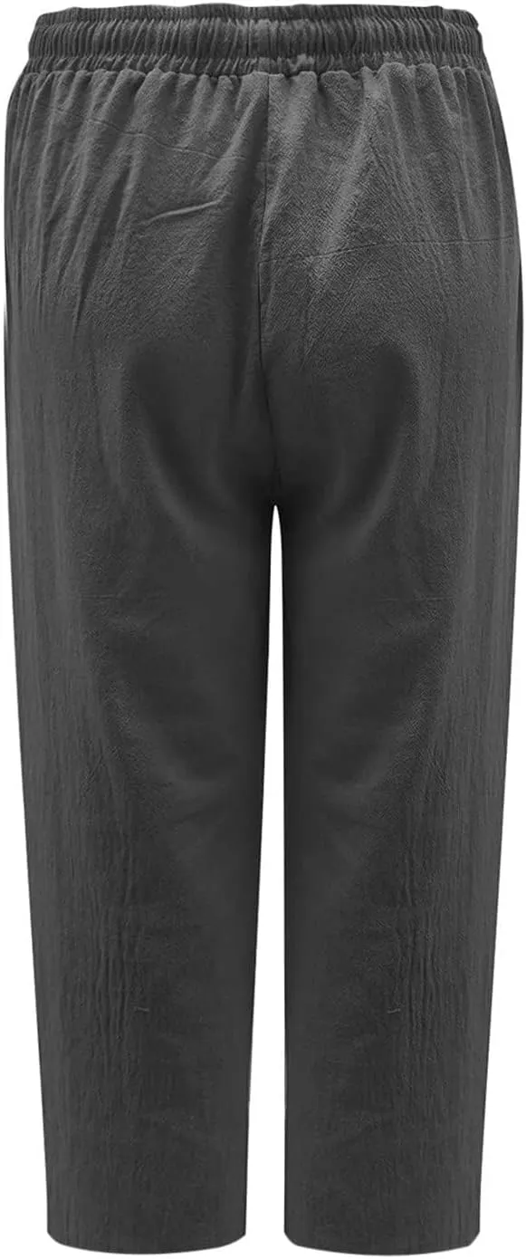 Linen Capri Pants for Women Casual 2024 Plus Size Summer Elastic Waist Crop Tapered Pants Elastic Beach Trousers