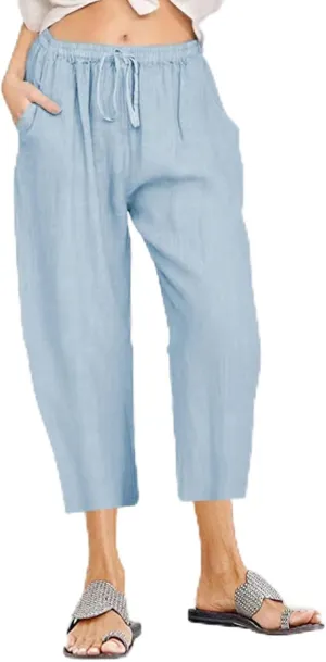 Linen Capri Pants for Women Casual 2024 Plus Size Summer Elastic Waist Crop Tapered Pants Elastic Beach Trousers