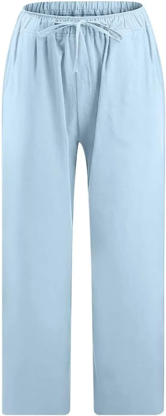 Linen Capri Pants for Women Casual 2024 Plus Size Summer Elastic Waist Crop Tapered Pants Elastic Beach Trousers