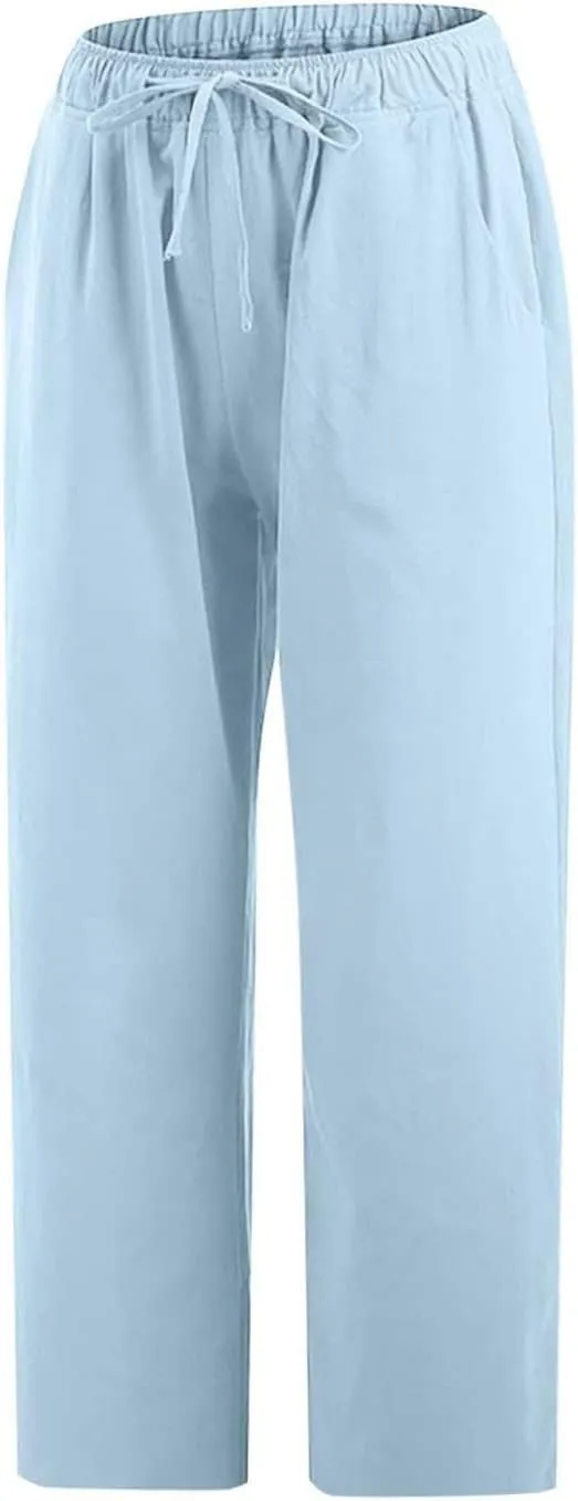 Linen Capri Pants for Women Casual 2024 Plus Size Summer Elastic Waist Crop Tapered Pants Elastic Beach Trousers