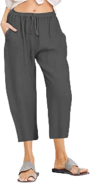 Linen Capri Pants for Women Casual 2024 Plus Size Summer Elastic Waist Crop Tapered Pants Elastic Beach Trousers