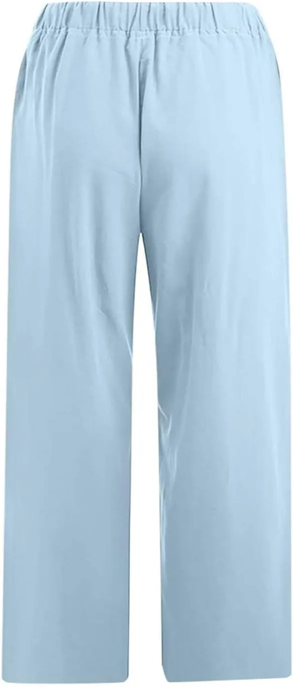 Linen Capri Pants for Women Casual 2024 Plus Size Summer Elastic Waist Crop Tapered Pants Elastic Beach Trousers