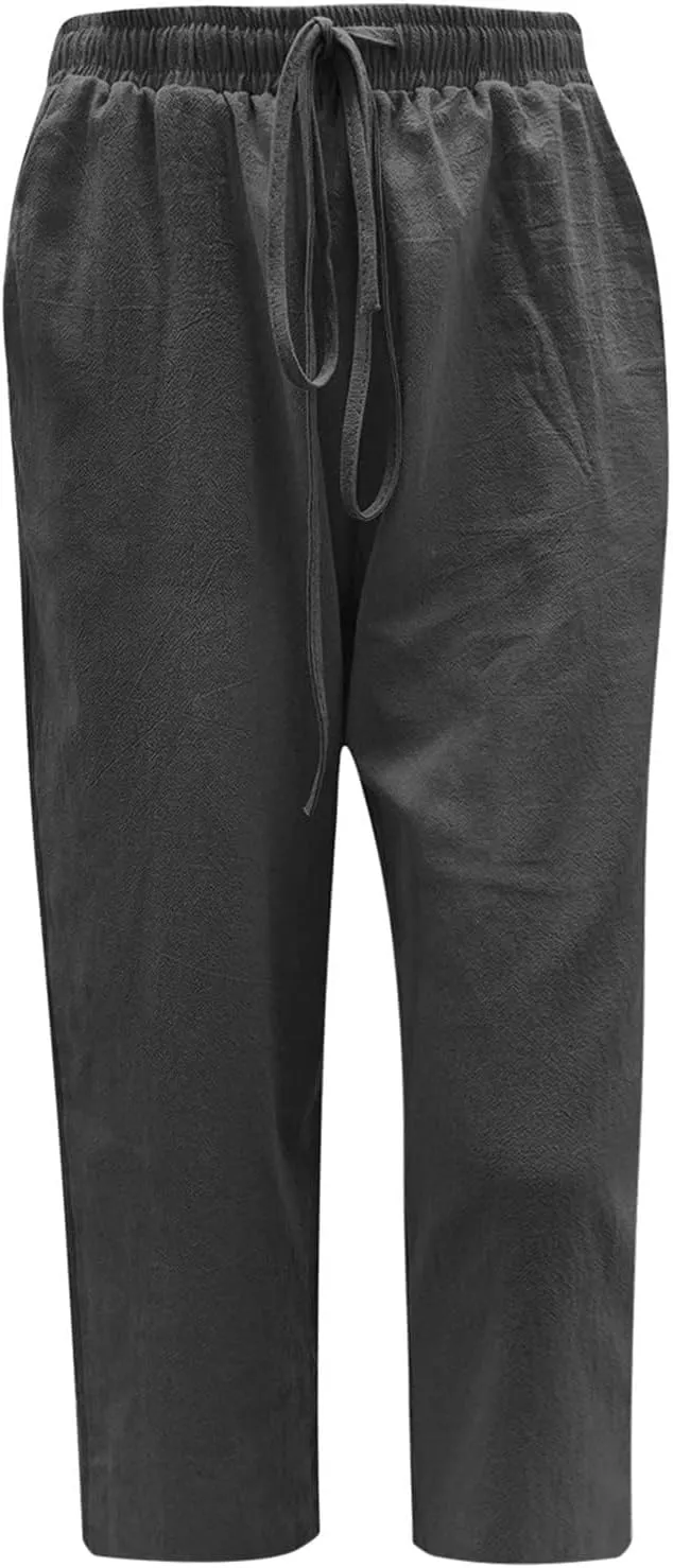 Linen Capri Pants for Women Casual 2024 Plus Size Summer Elastic Waist Crop Tapered Pants Elastic Beach Trousers