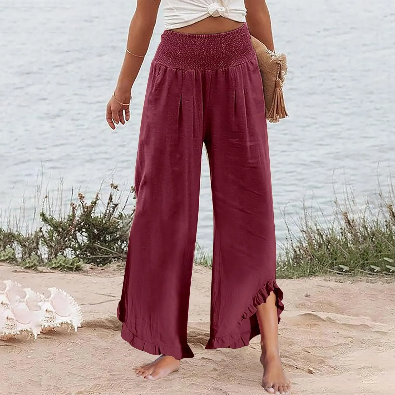 Linen Cotton Cargo Pants Slit Baggy Waist,Women's Sweatpants Casual, High Waisted Straight Leg Work