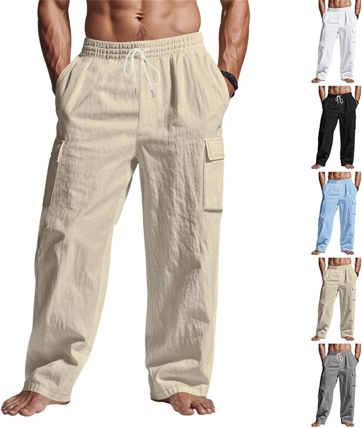 Lounge Pants Men Linen Breathable Lightweight Pant Loose Fit Cargo Trousers Wide Leg Elastic Waist with Pockets