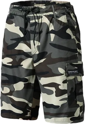 Mens Camo Shorts Lightweight Summer Elastic Drawstring Waist Cargo Pants Loose Hiking Shorts with Multi Pockets