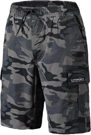 Mens Camo Shorts Lightweight Summer Elastic Drawstring Waist Cargo Pants Loose Hiking Shorts with Multi Pockets