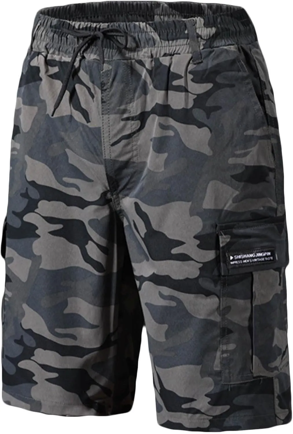 Mens Camo Shorts Lightweight Summer Elastic Drawstring Waist Cargo Pants Loose Hiking Shorts with Multi Pockets