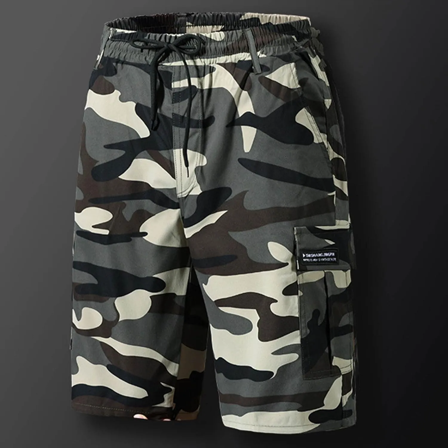 Mens Camo Shorts Lightweight Summer Elastic Drawstring Waist Cargo Pants Loose Hiking Shorts with Multi Pockets