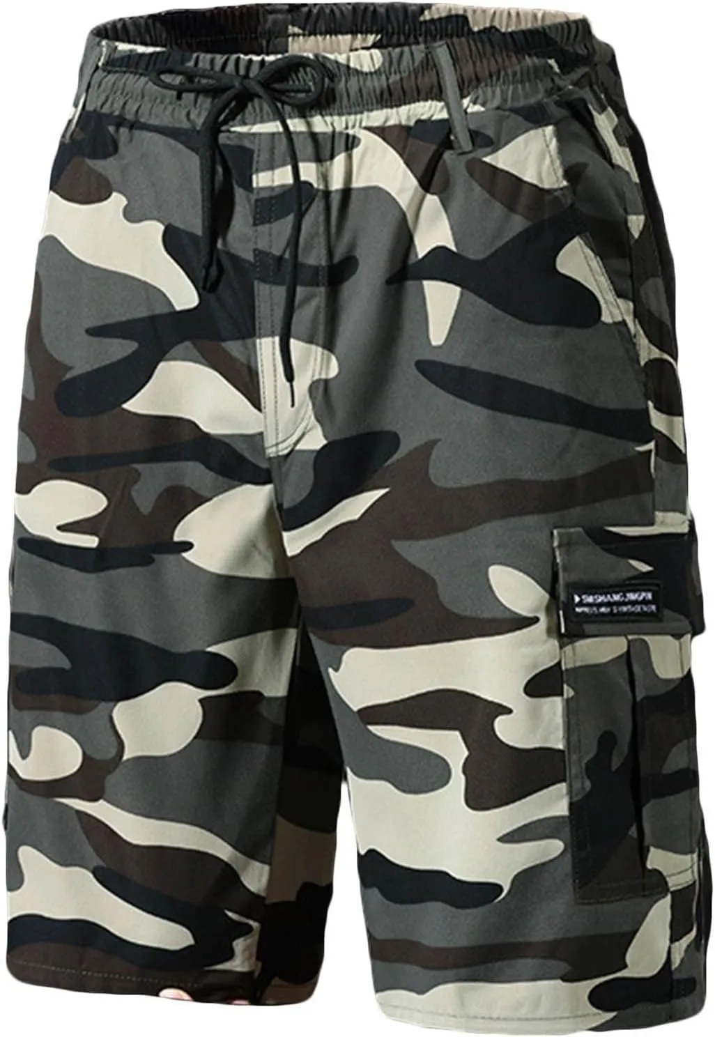 Mens Camo Shorts Lightweight Summer Elastic Drawstring Waist Cargo Pants Loose Hiking Shorts with Multi Pockets
