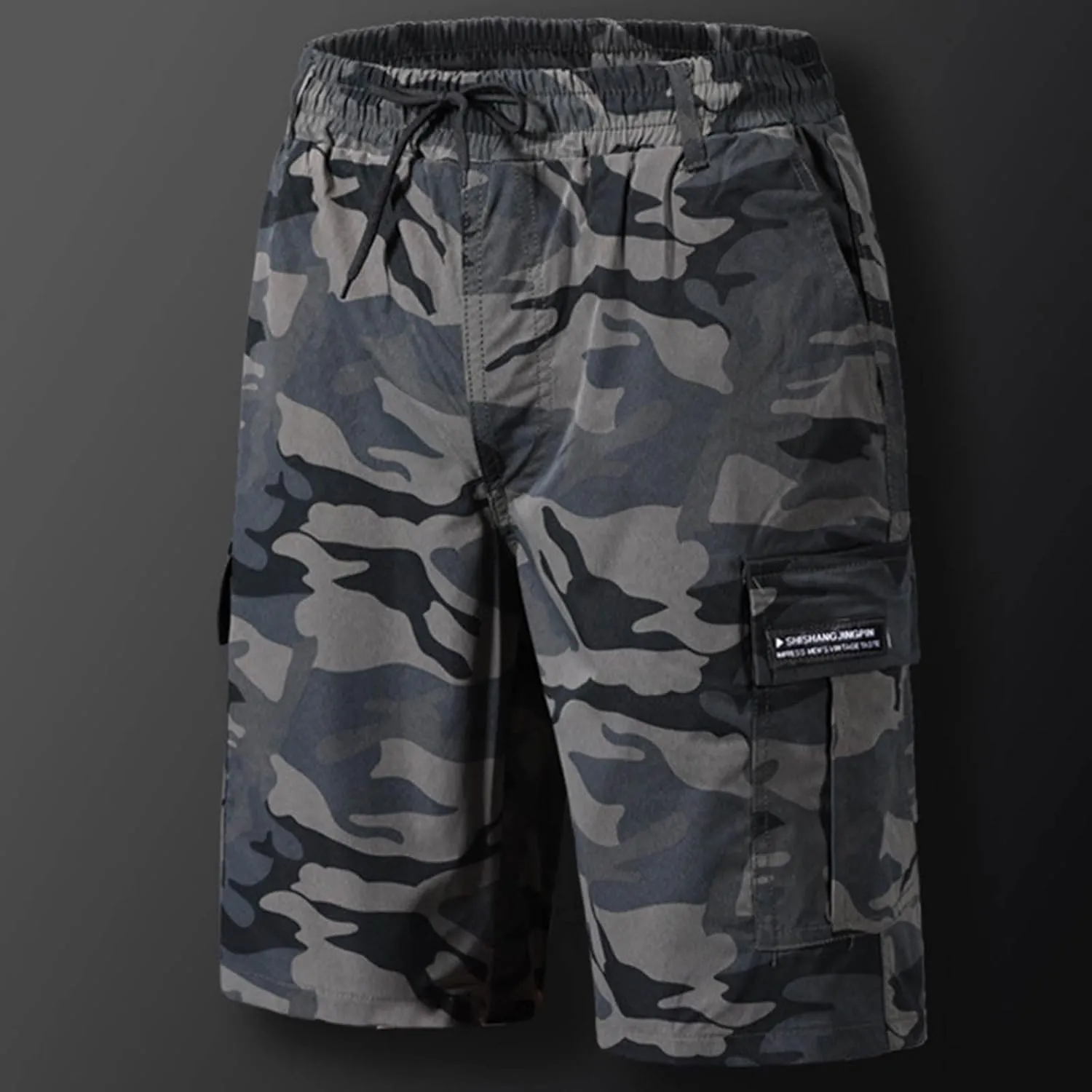 Mens Camo Shorts Lightweight Summer Elastic Drawstring Waist Cargo Pants Loose Hiking Shorts with Multi Pockets