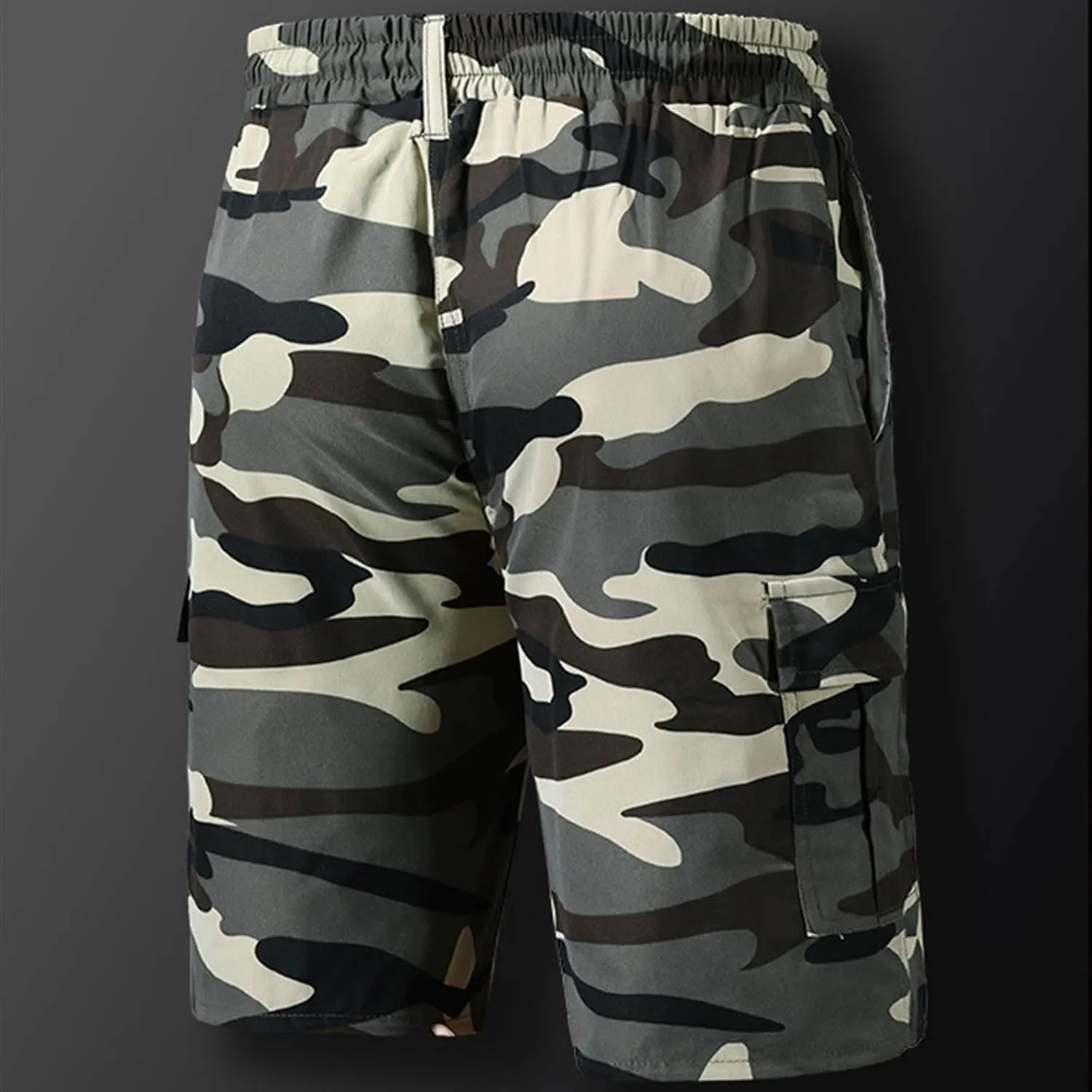 Mens Camo Shorts Lightweight Summer Elastic Drawstring Waist Cargo Pants Loose Hiking Shorts with Multi Pockets