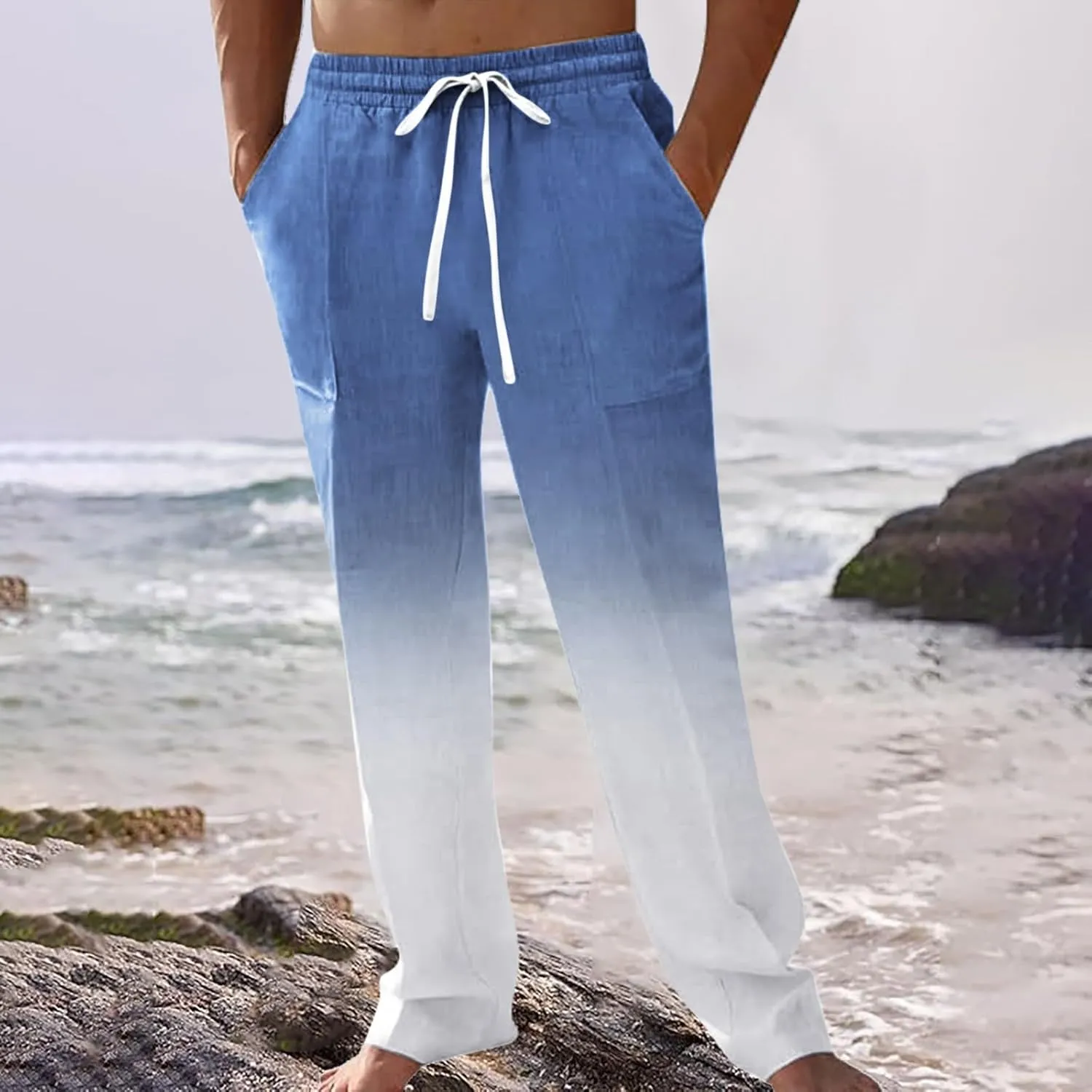 Mens Cotton Linen Drawstring Pants Casual Drawstring Summer Beach Pants Lightweight Breathable Trousers with Pockets
