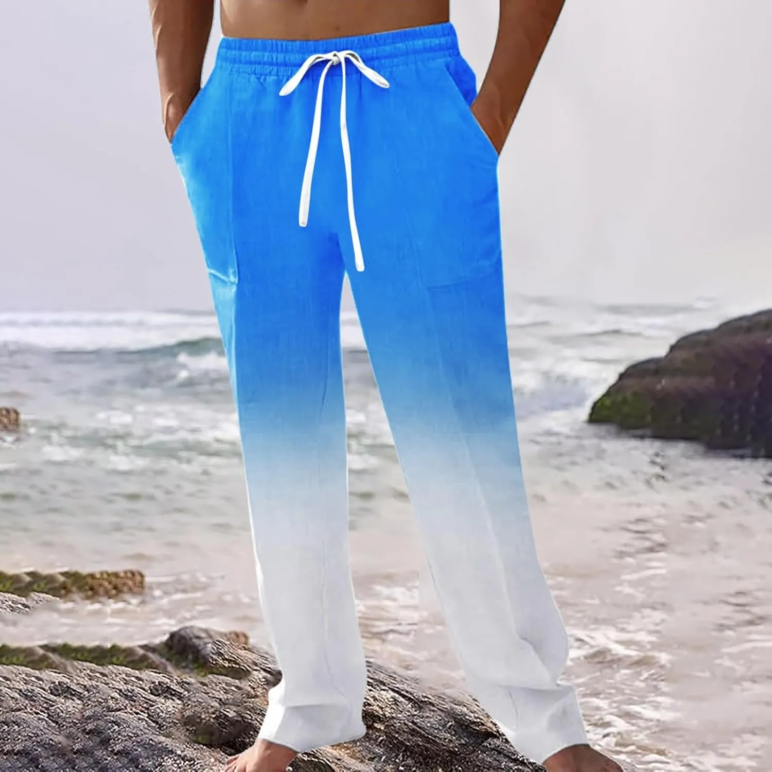 Mens Cotton Linen Drawstring Pants Casual Drawstring Summer Beach Pants Lightweight Breathable Trousers with Pockets