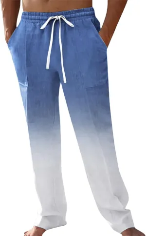 Mens Cotton Linen Drawstring Pants Casual Drawstring Summer Beach Pants Lightweight Breathable Trousers with Pockets