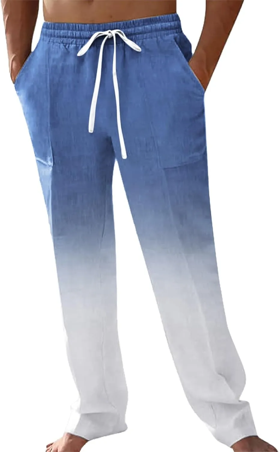 Mens Cotton Linen Drawstring Pants Casual Drawstring Summer Beach Pants Lightweight Breathable Trousers with Pockets