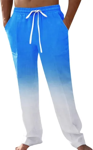 Mens Cotton Linen Drawstring Pants Casual Drawstring Summer Beach Pants Lightweight Breathable Trousers with Pockets
