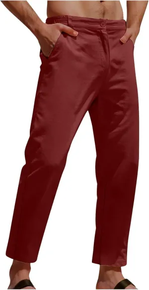 Men's Cotton Linen Pants Stretch Waist Lightweight Casual Pants Slim Fit Yoga Beach Trousers with Pockets