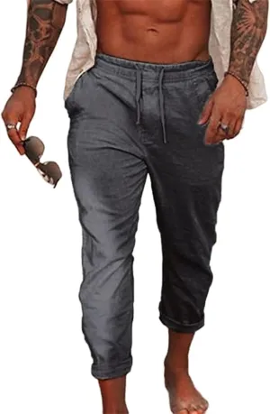 Mens Fashion Cotton Linen Pants Slim Fit Drawstring Lightweight Sweatpants Loose Fit Casual Outdoor Beach Trousers