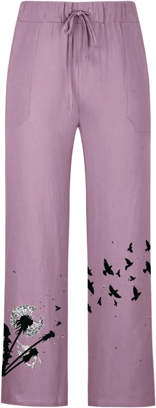 Mens Linen Wide Leg Pants Casual Drawstring Summer Beach Pants Elastic Waist Lounge Trousers with Pockets