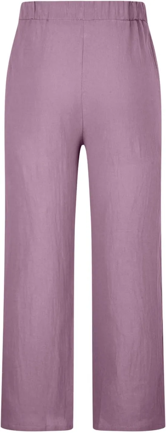 Mens Linen Wide Leg Pants Casual Drawstring Summer Beach Pants Elastic Waist Lounge Trousers with Pockets