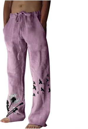 Mens Linen Wide Leg Pants Casual Drawstring Summer Beach Pants Elastic Waist Lounge Trousers with Pockets
