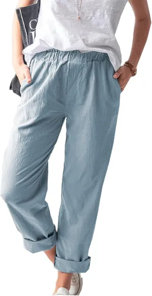 niuwa Cotton Linen Trousers for Women Elastic Waist Solid Color Casual Pants with Pockets Summer Boho Pants (Light Blue, S)