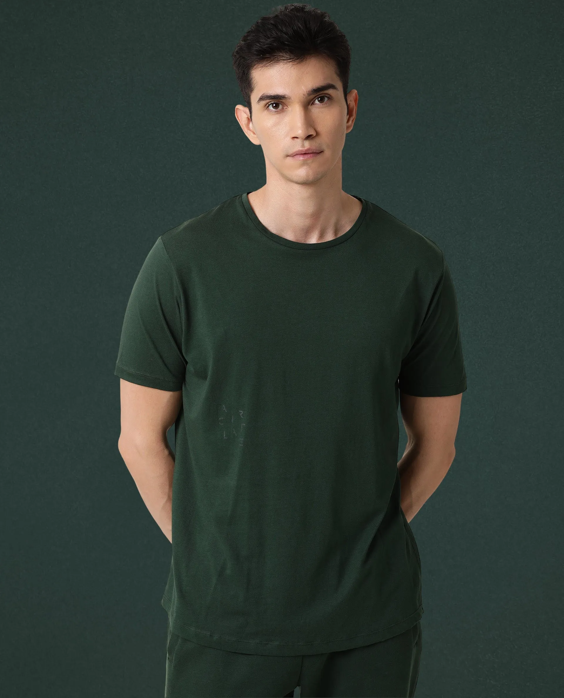 Rare Rabbit Articale Men's Caxel Mountain Green Crew Neck Offset Branded T-shirt