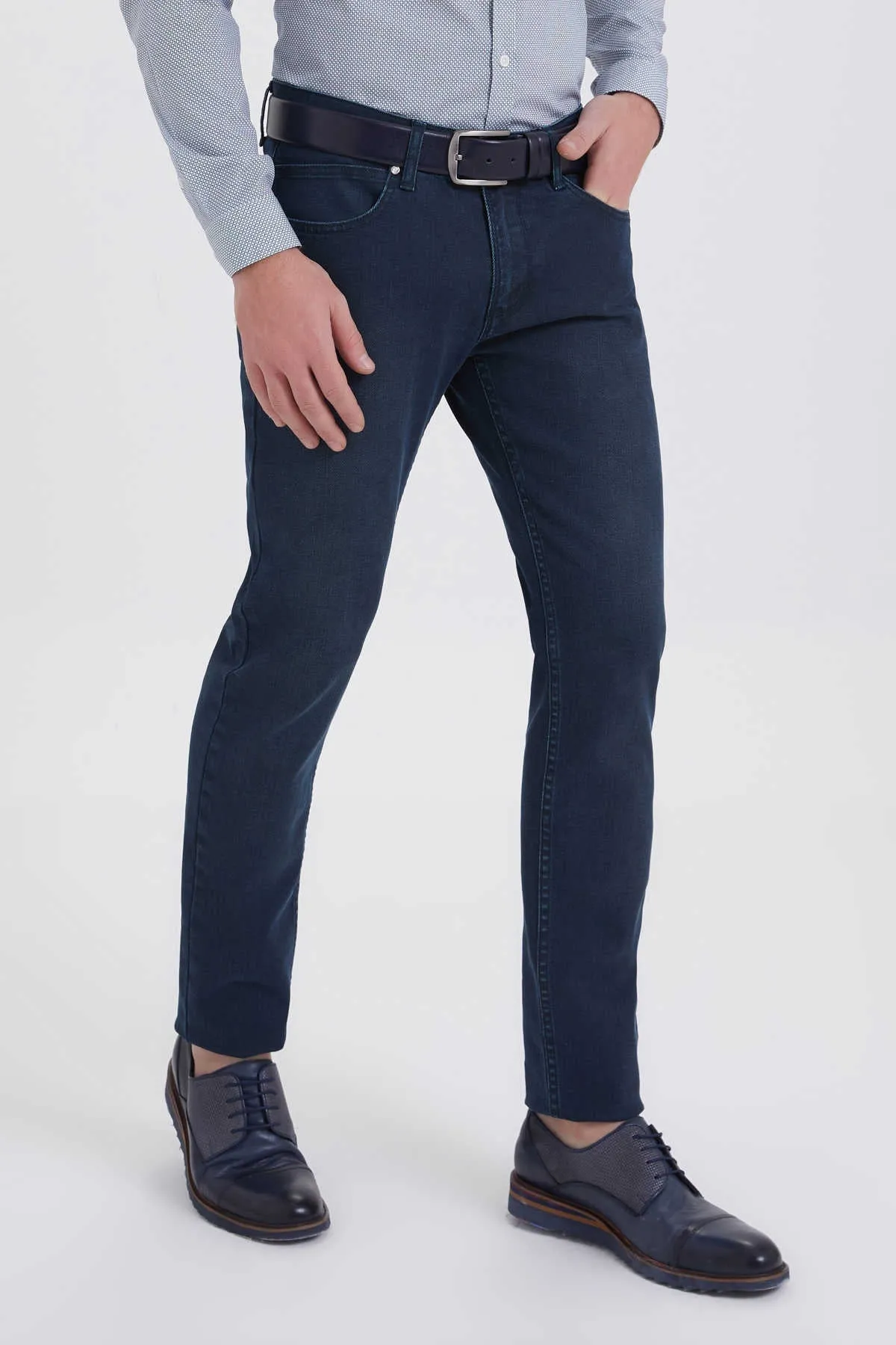 Slim Fit 5 Pocket Low Waist Navy - Green Cotton Denim