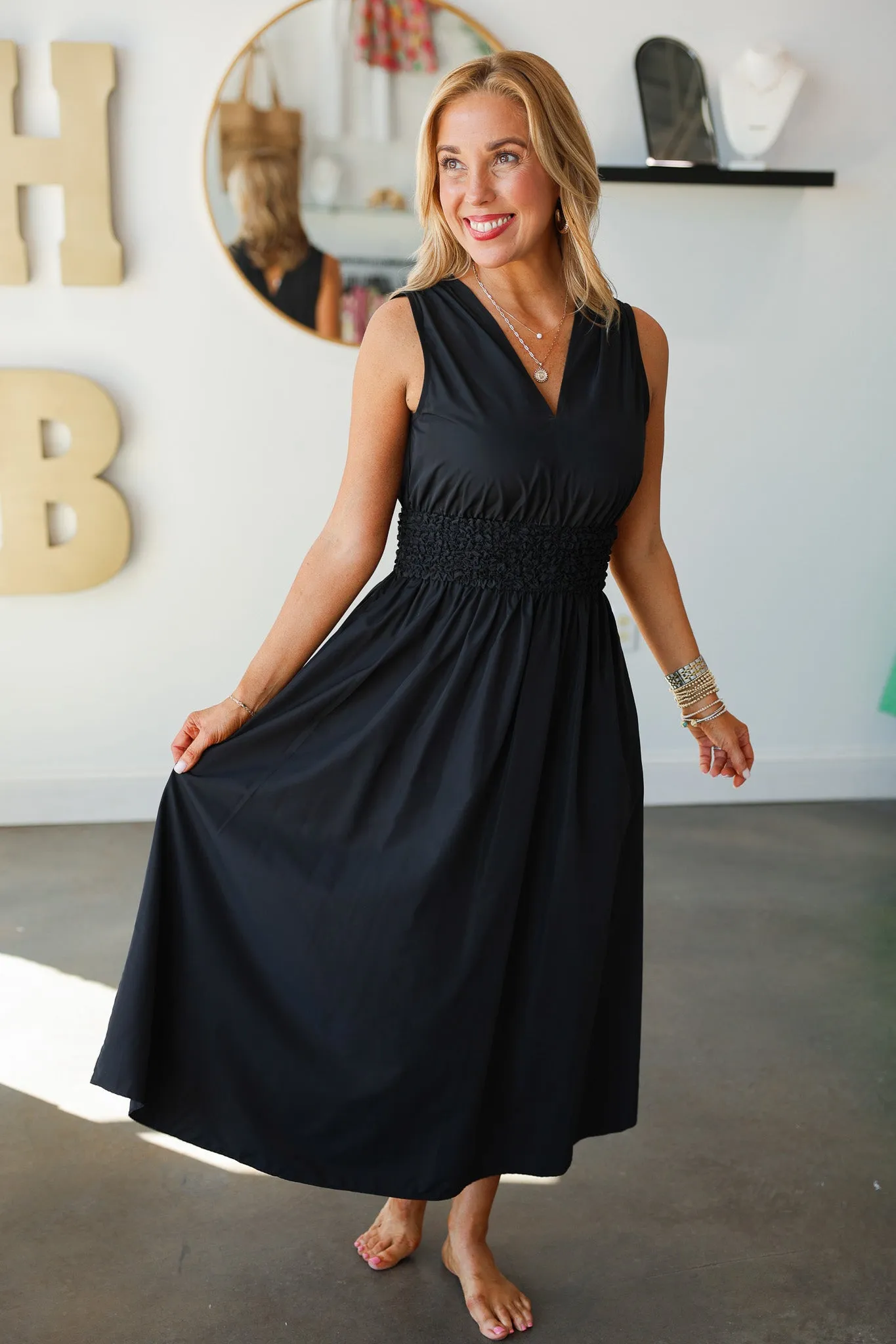 Smocked Waist Dress - Black