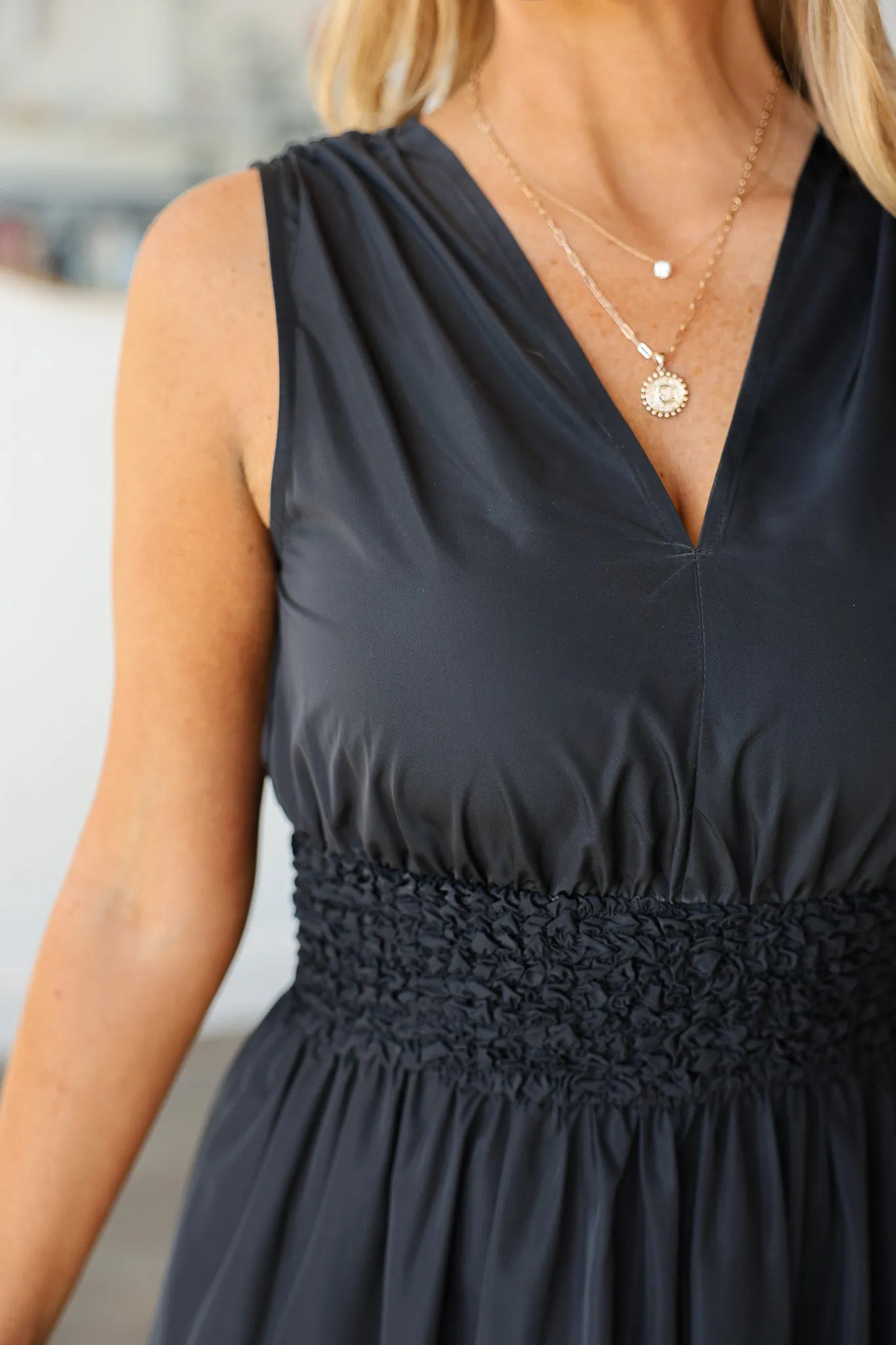 Smocked Waist Dress - Black