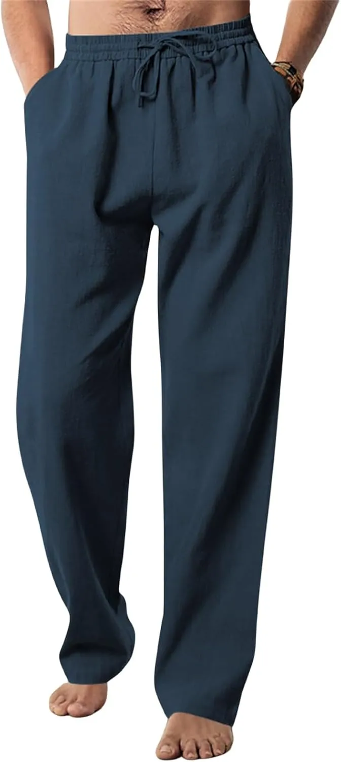 Thatrich Mens Casual Pants Relaxed Linen Beach Yoga Pant Workout Breathable Lightweight Trousers Summer Solid Color Joggers