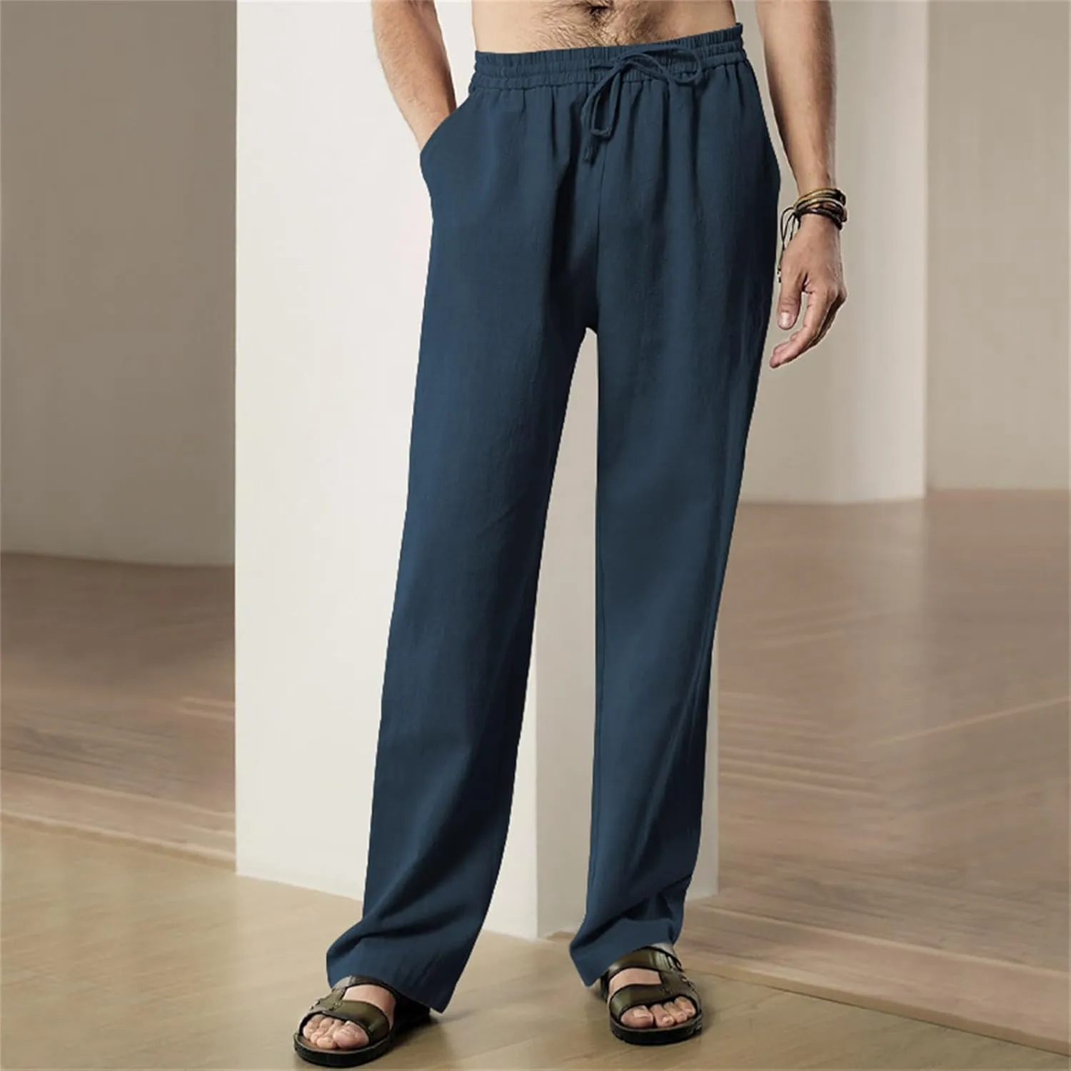 Thatrich Mens Casual Pants Relaxed Linen Beach Yoga Pant Workout Breathable Lightweight Trousers Summer Solid Color Joggers