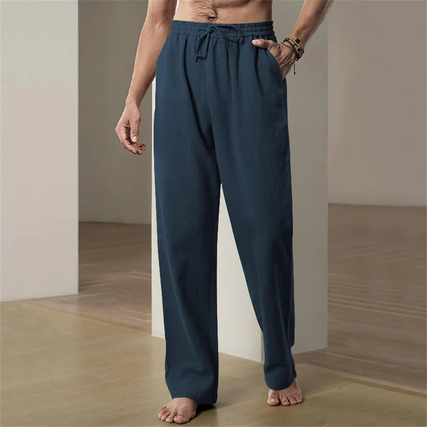 Thatrich Mens Casual Pants Relaxed Linen Beach Yoga Pant Workout Breathable Lightweight Trousers Summer Solid Color Joggers