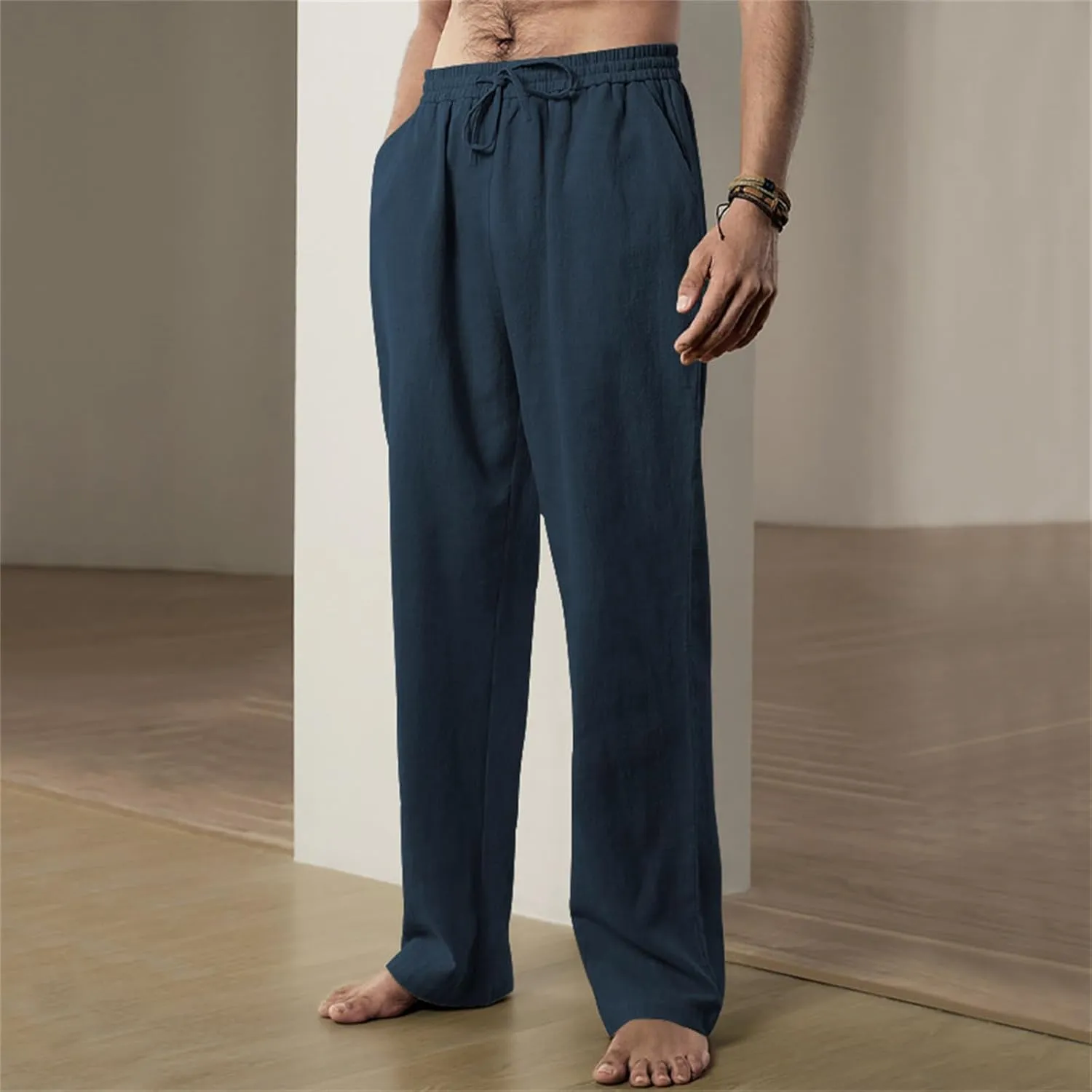 Thatrich Mens Casual Pants Relaxed Linen Beach Yoga Pant Workout Breathable Lightweight Trousers Summer Solid Color Joggers