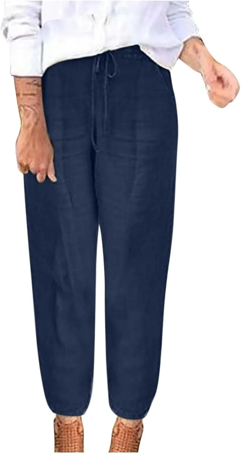 Women Cotton Linen Trousers Casual Pants Solid Color Summer Pants Drawstring Yoga Pants Elasticated Waist Bottoms