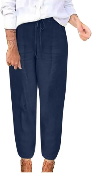 Women Cotton Linen Trousers Casual Pants Solid Color Summer Pants Drawstring Yoga Pants Elasticated Waist Bottoms