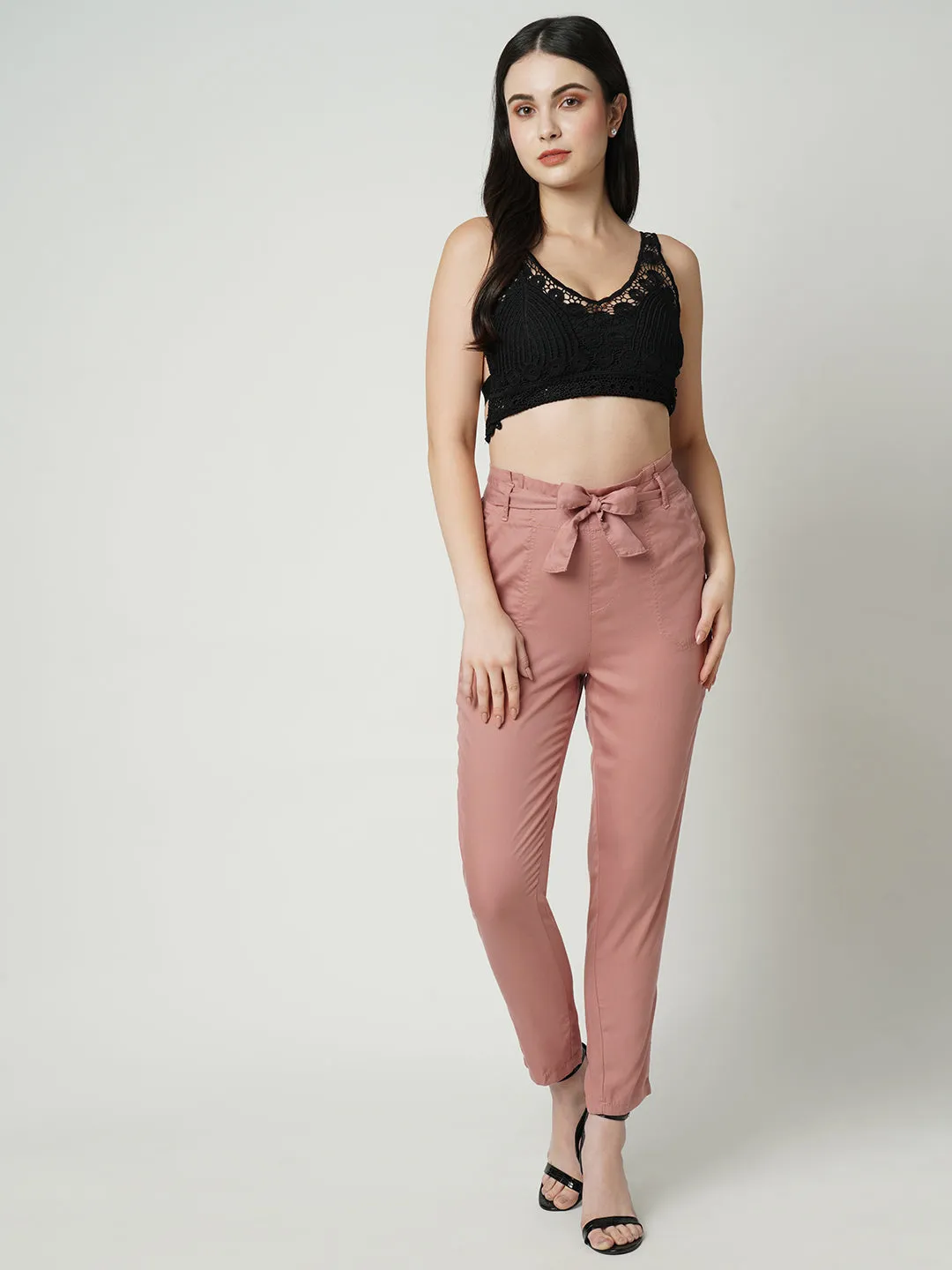 Women High-Rise Comfort Fit Paper Bag Pants