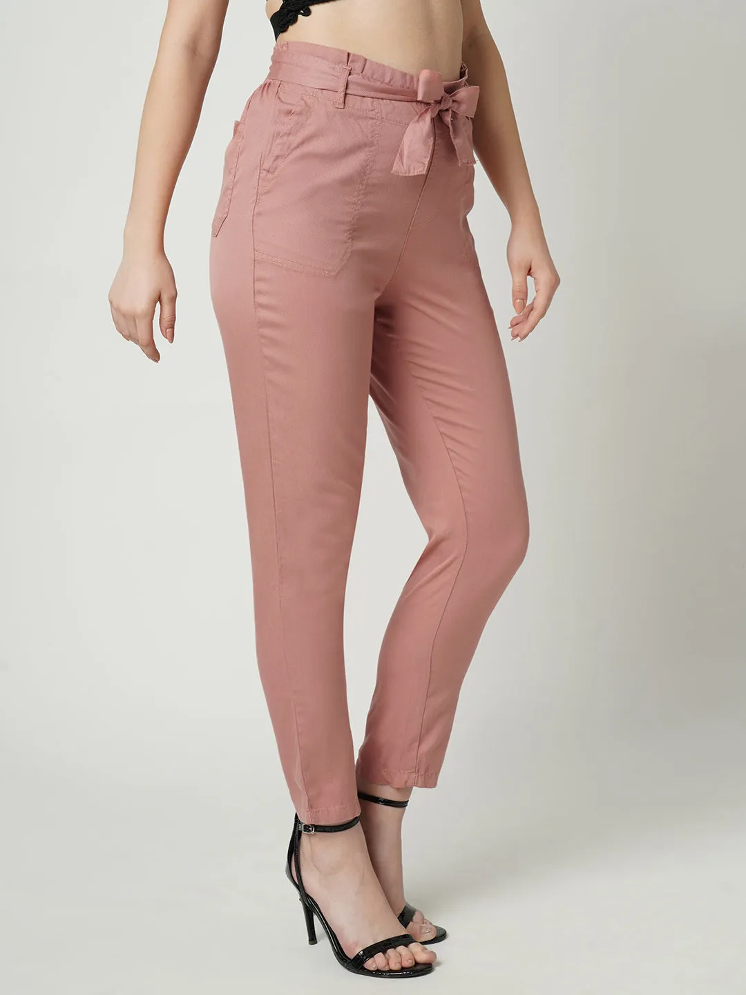 Women High-Rise Comfort Fit Paper Bag Pants