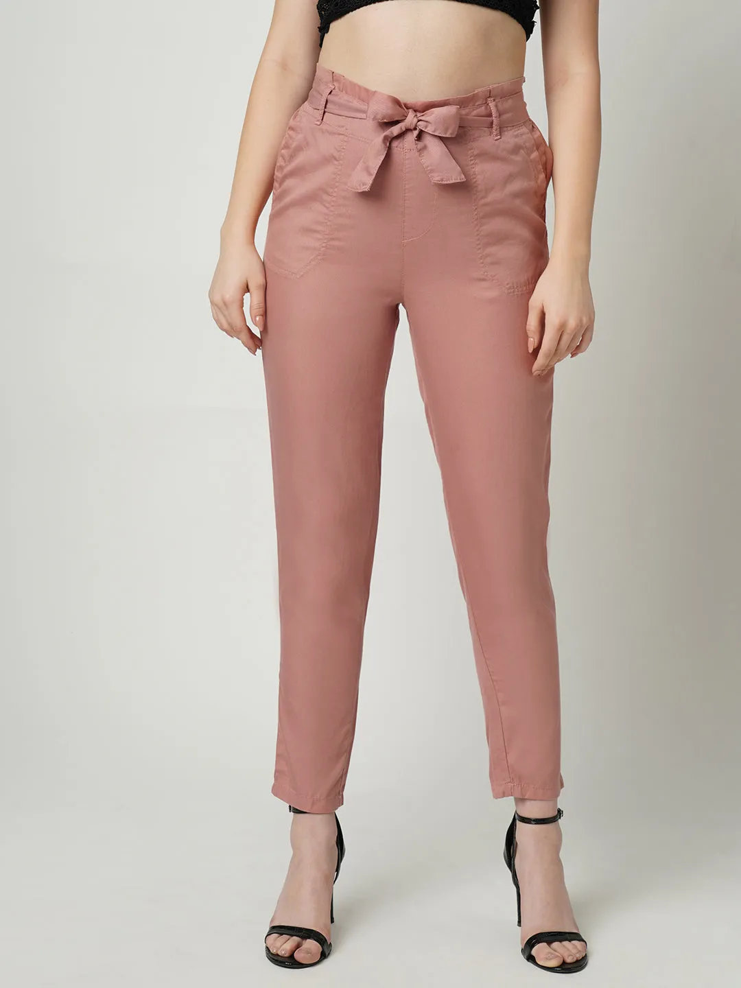 Women High-Rise Comfort Fit Paper Bag Pants