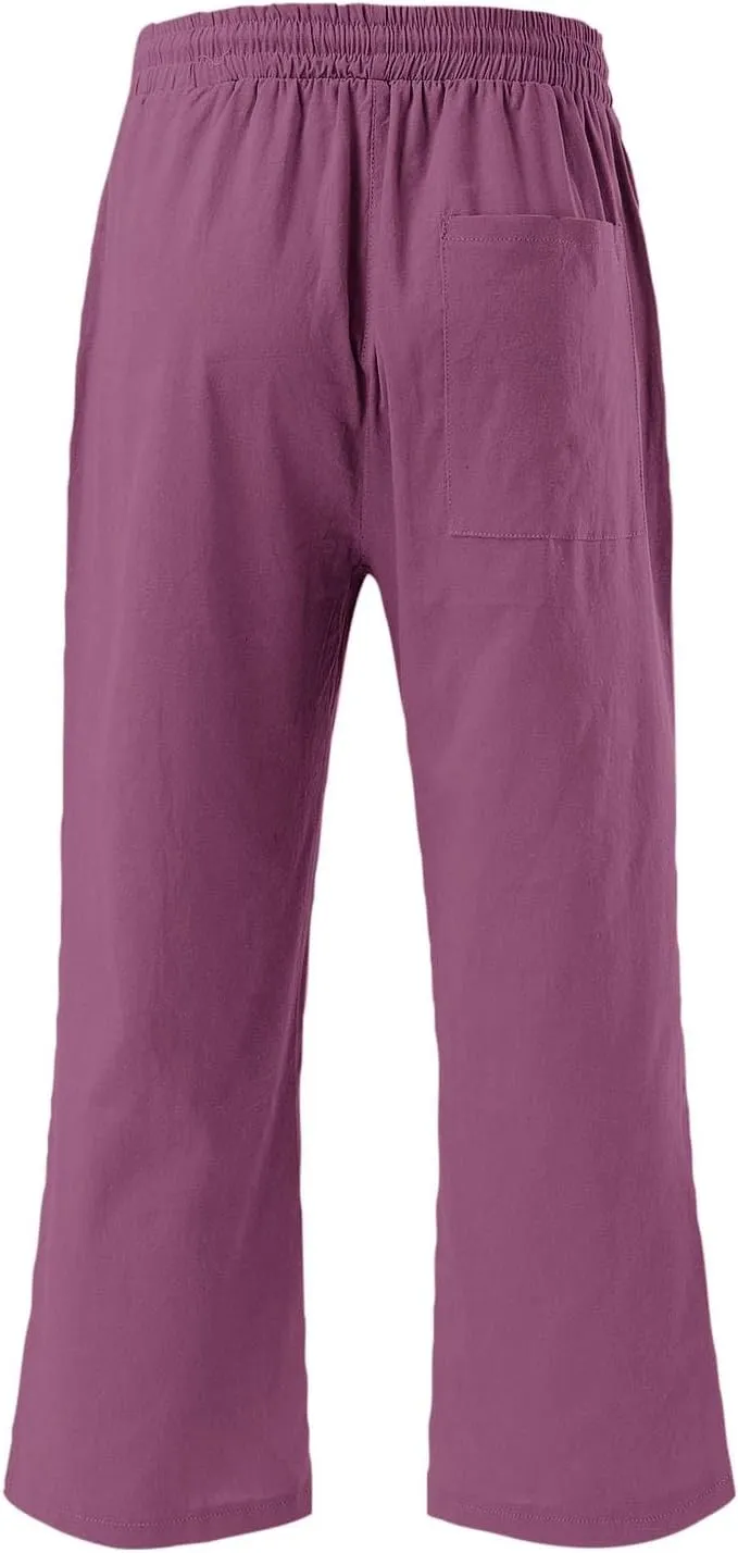 Womens Capri Pants Drawstring Elastic Waist Linen Pant Straight Wide Leg Cropped Pants Trouser with Pockets