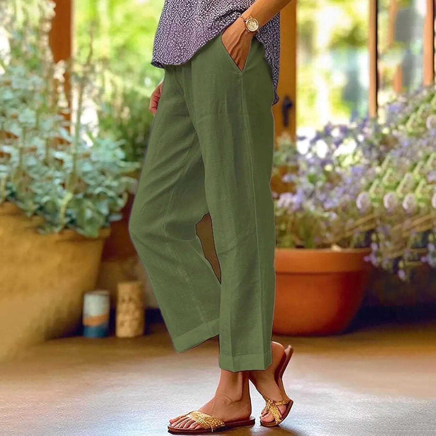 Womens Cotton Linen Pants Straight Leg Solid Color Elastic Waist Lightweight Beach Pants Summer Thin Workout Relaxed Trousers