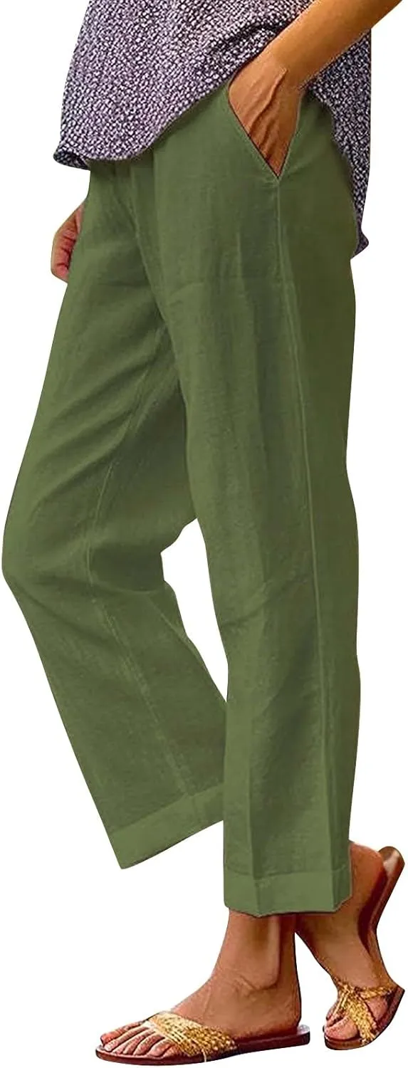 Womens Cotton Linen Pants Straight Leg Solid Color Elastic Waist Lightweight Beach Pants Summer Thin Workout Relaxed Trousers